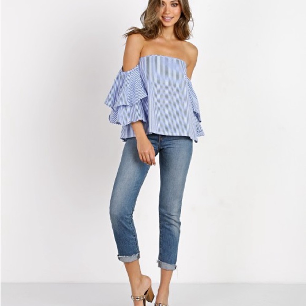 RD and Koko Blue Striped Off-Shoulder Ruffle Sleeve Top (NWT Without Tags)